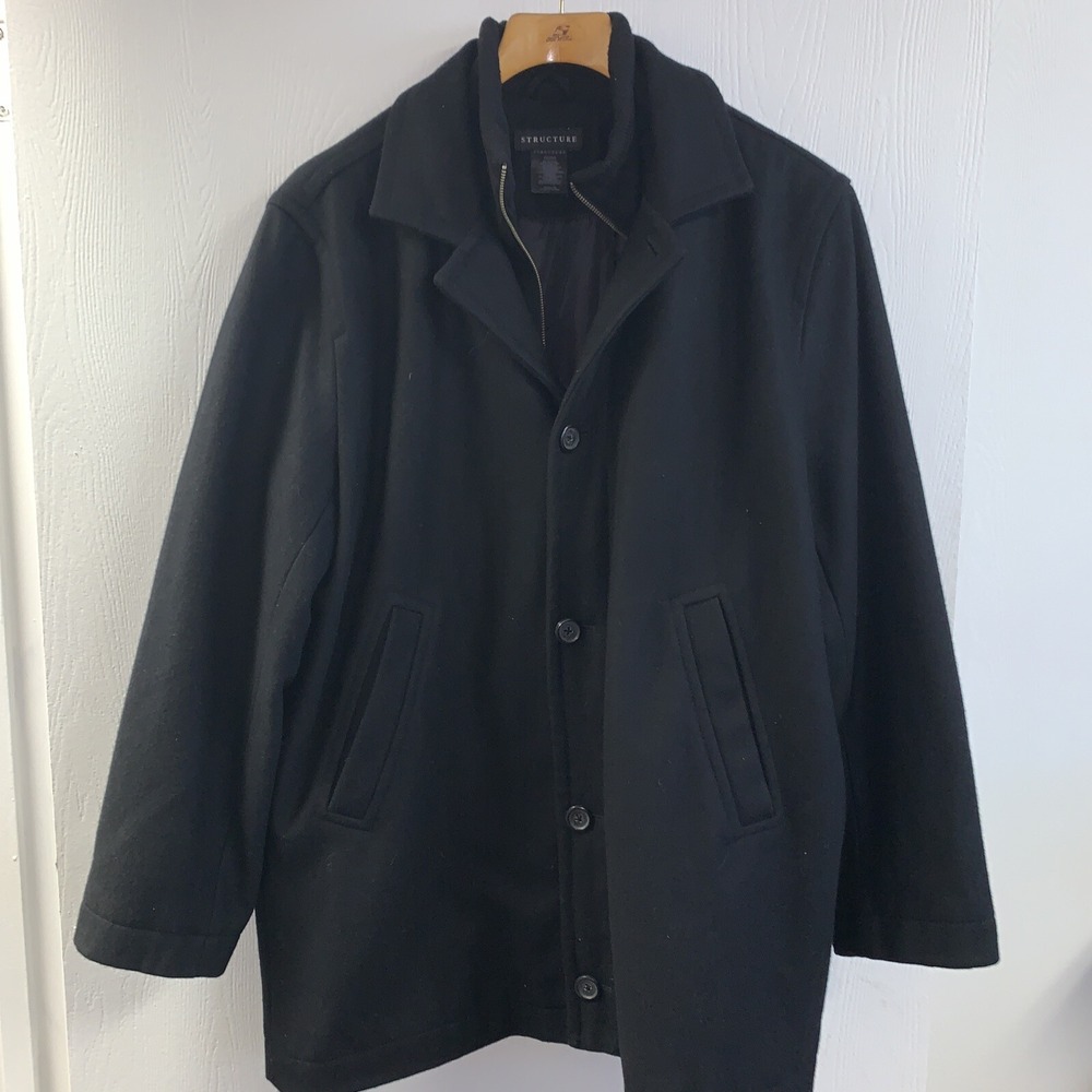 Structure Men's Walking Coat Black Wool Blend Jacket Zip Button Lined Peacoat